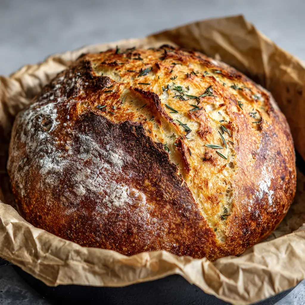 A close-up side view of the Garlic Herb Dutch Oven Bread, highlighting the thick, crusty exterior and visible flakes of rosemary and thyme.