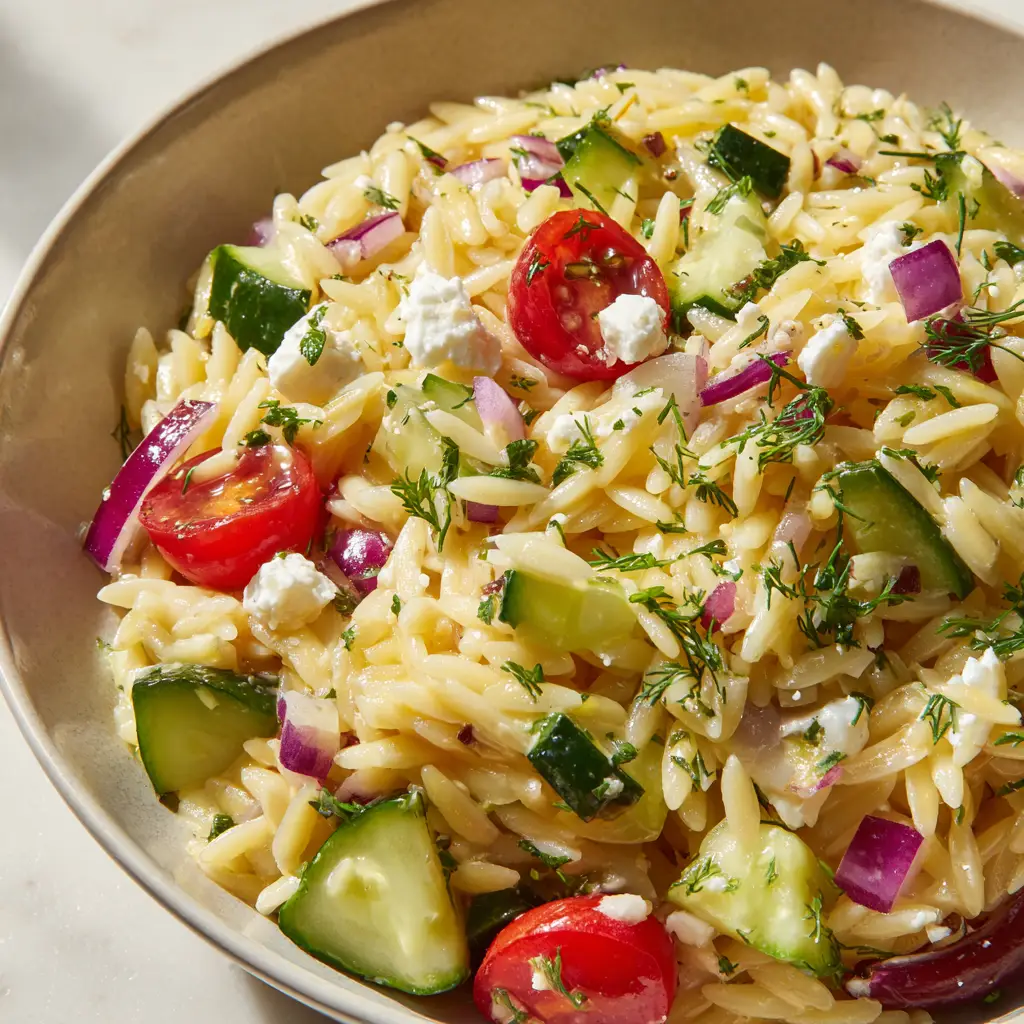 A detailed close-up of the Lemon Orzo Pasta Salad, highlighting the texture of the crumbled feta, chopped dill, and halved cherry tomatoes.