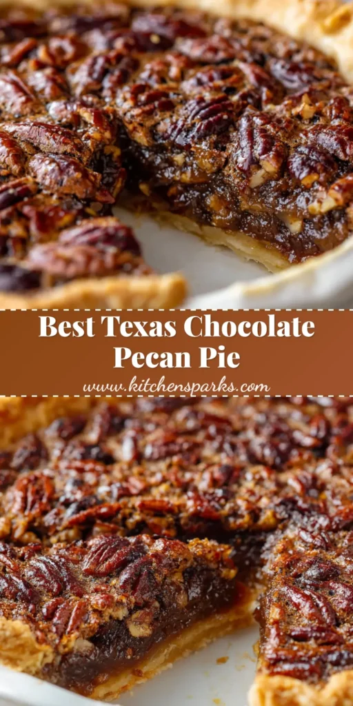 A whole Texas Chocolate Pecan Pie in a white dish, with one slice removed to show the gooey, chocolate and pecan-filled interior.