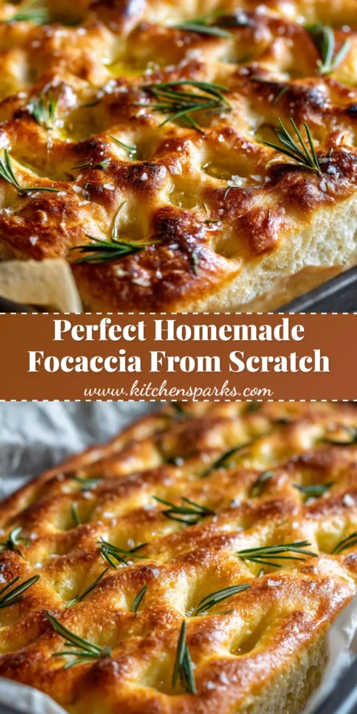 A golden-brown rectangular homemade focaccia bread in a baking pan, topped with fresh rosemary, coarse sea salt, and a drizzle of olive oil. (Homemade Focaccia Bread)