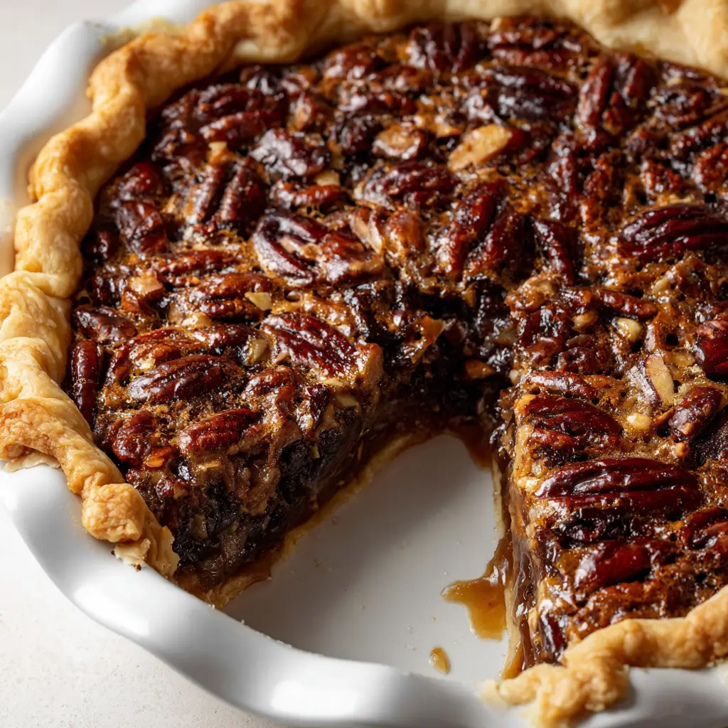 A side view showing a slice of Texas Chocolate Pecan Pie, revealing the dense, sticky cross-section of the gooey caramel and chocolate filling on a flaky crust.