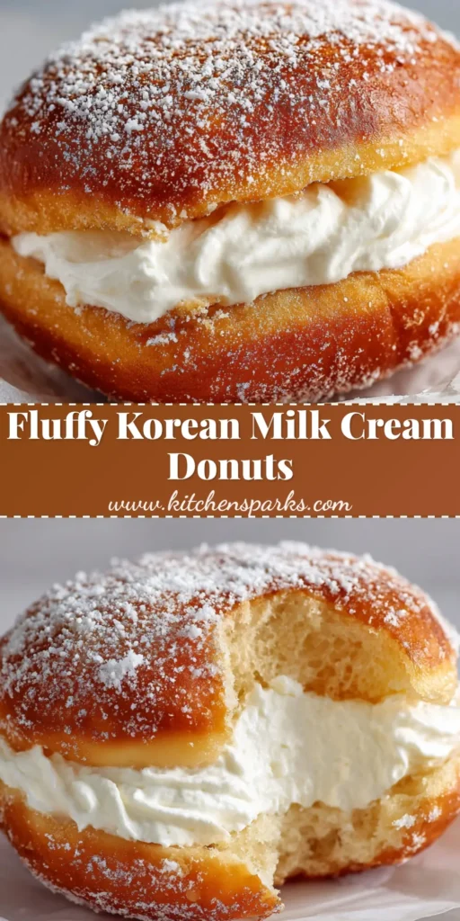 A close-up of a perfectly fried Korean Milk Cream Donut, coated in powdered sugar and sliced open to reveal a thick, voluminous swirl of white milk cream filling.