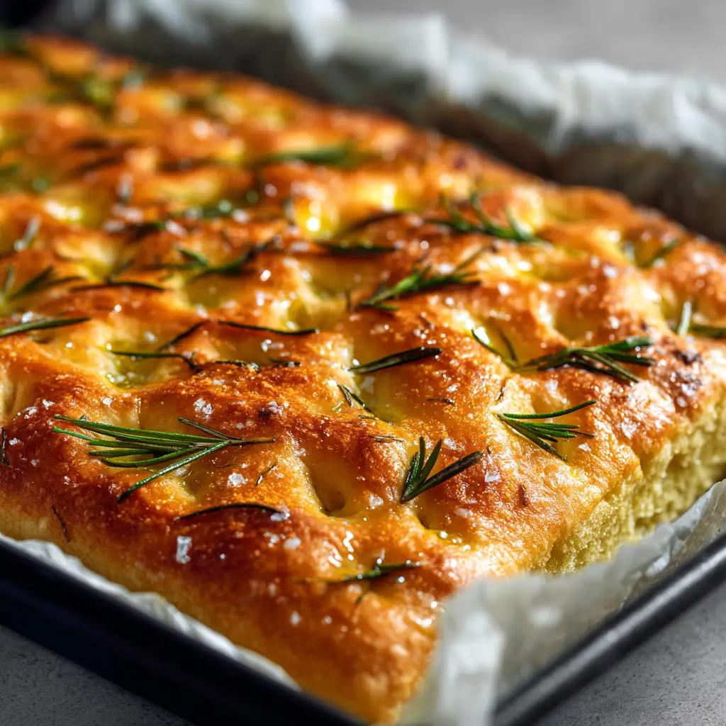 Overhead shot of a rectangular homemade focaccia bread glistening with olive oil, with deep dimples holding fresh rosemary and flaky sea salt.