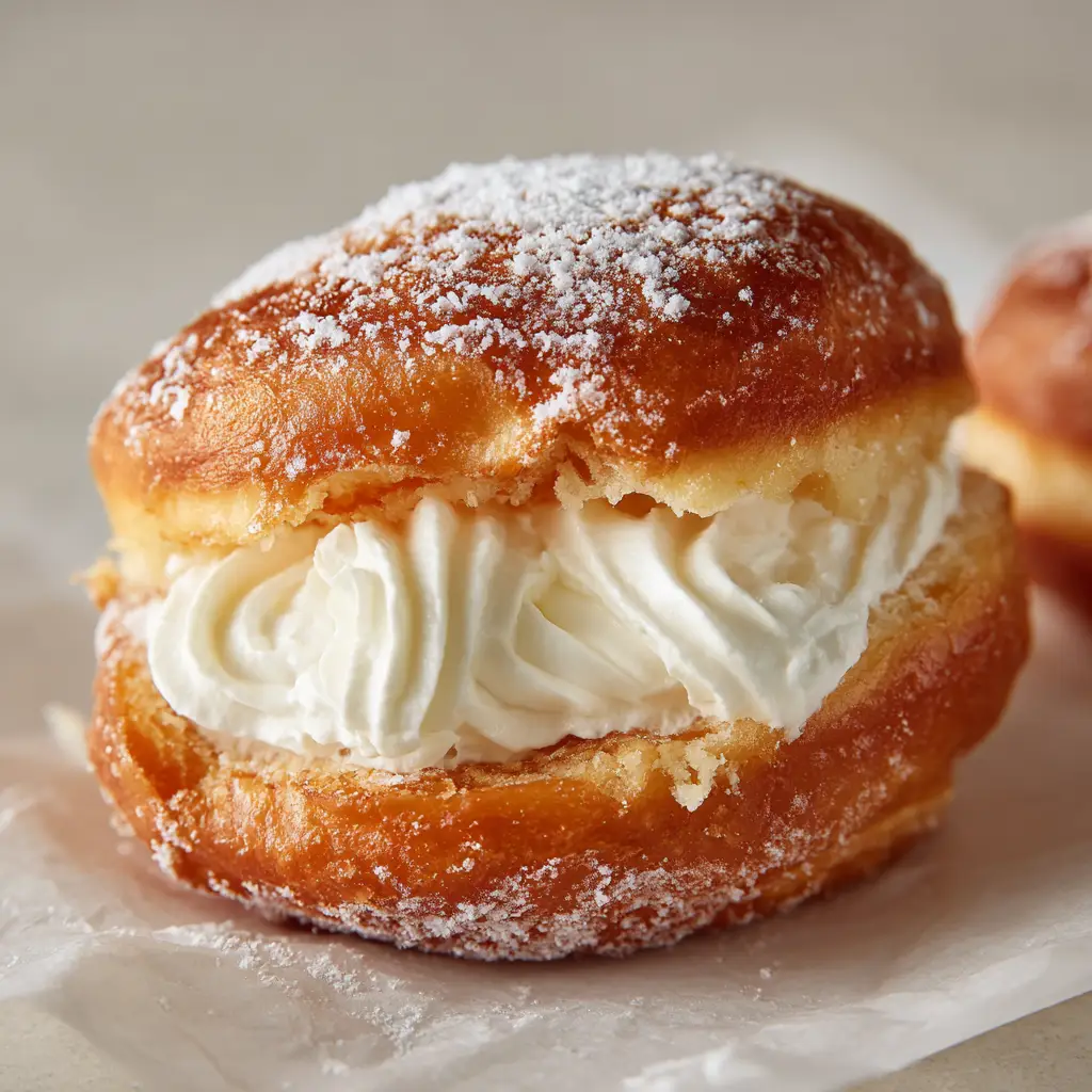 Handheld view of a golden-brown Korean donut, generously coated in powdered sugar and filled with a voluminous swirl of milk cream.