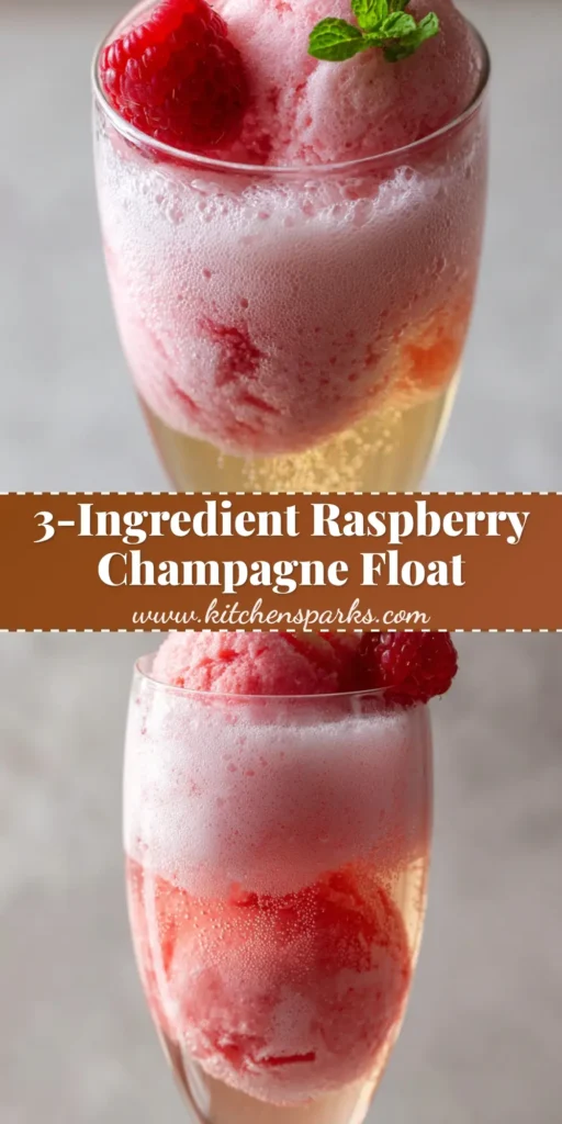 A close-up of a raspberry sherbet champagne float in a tall crystal flute. Two scoops of pink sherbet are topped with golden champagne, creating a thick pink foam, garnished with a single raspberry and mint sprig.