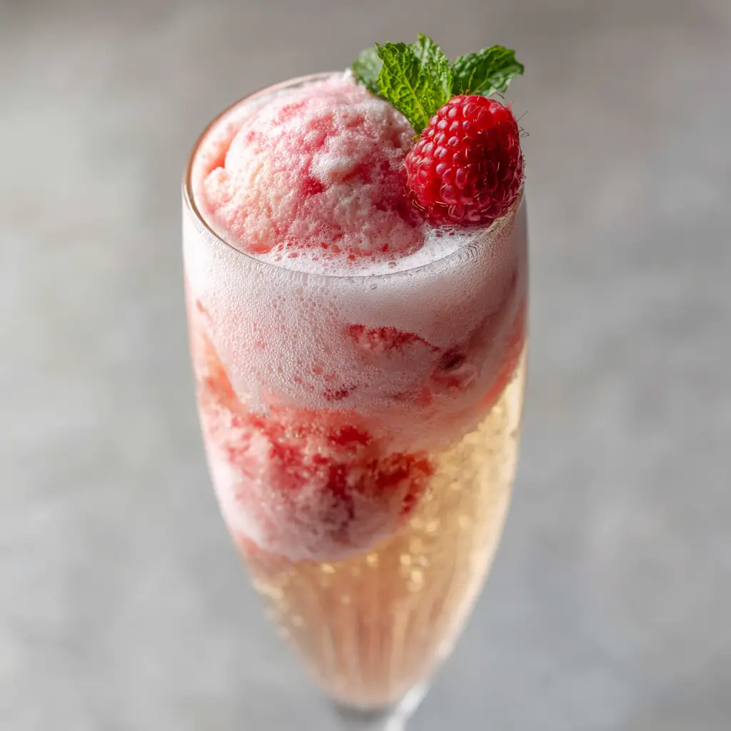A side-view action shot of golden champagne being poured over two scoops of pink raspberry sherbet in a tall flute, creating a bubbly, frothy reaction.