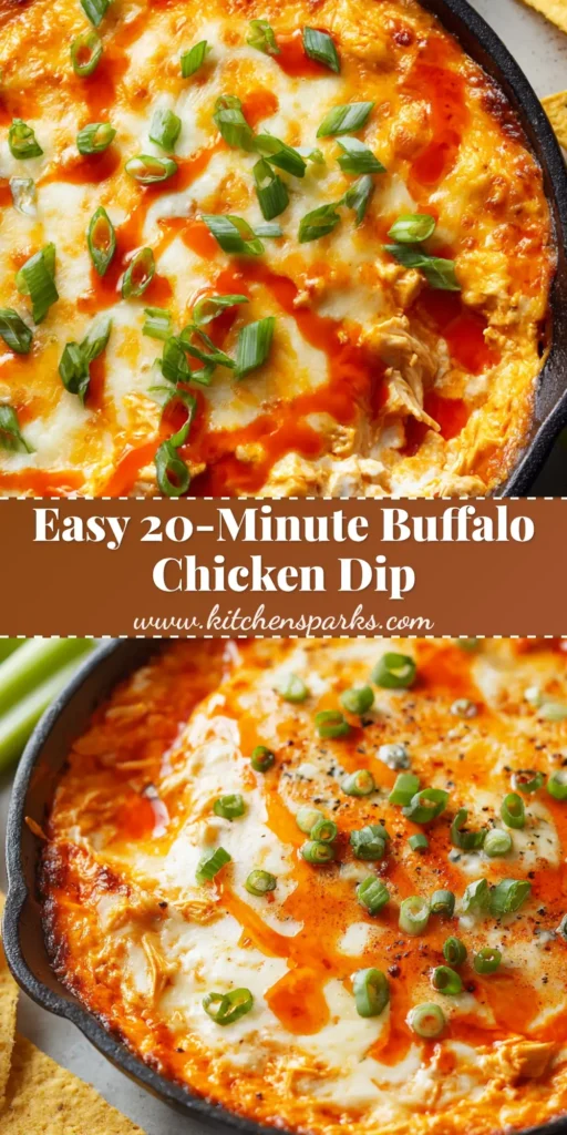 A bubbling cast-iron skillet filled with orange-red creamy buffalo chicken dip, topped with blistered cheese, green onions, and served with tortilla chips and celery.