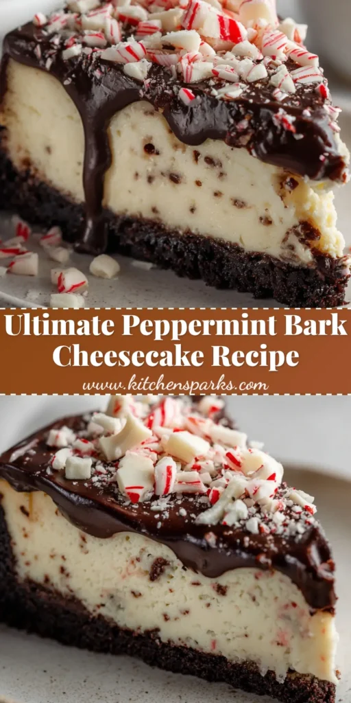 A beautiful slice of Peppermint Bark Cheesecake on a simple white plate, showcasing its dark chocolate crust, creamy peppermint filling, glossy ganache, and candy cane topping.