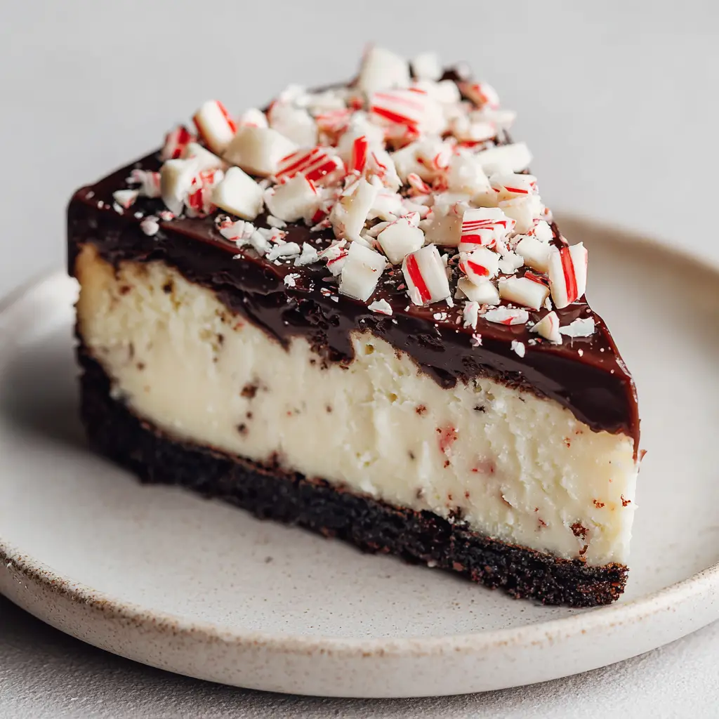 Top-down view of the Peppermint Bark Cheesecake slice, showing the glossy dark chocolate ganache, crushed candy cane pieces, and curled white chocolate shavings.