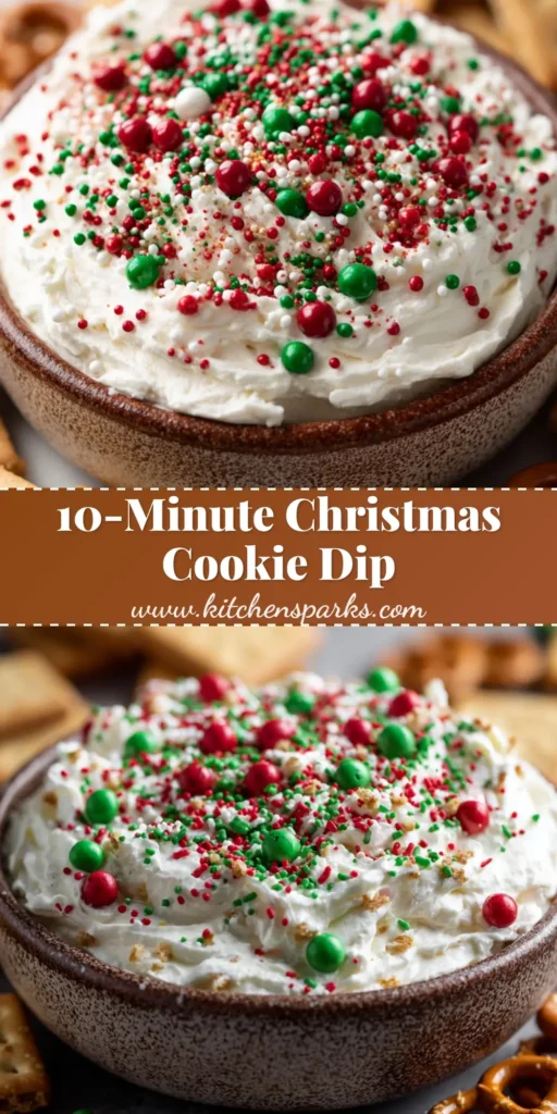 A rustic ceramic bowl filled with creamy Christmas Cookie Dip, topped with red, green, and white sprinkles, and surrounded by graham crackers, pretzels, and vanilla wafers for dipping.
