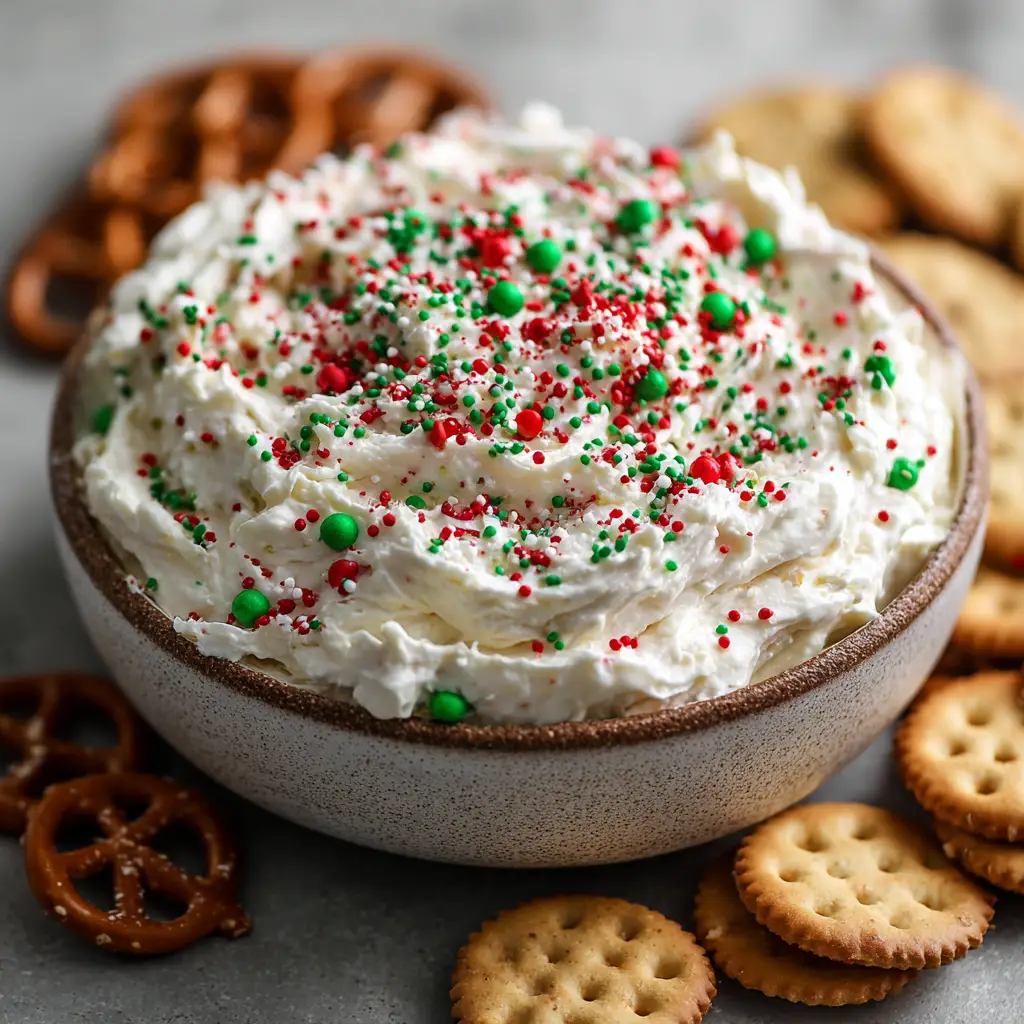 An overhead view of the Christmas Cookie Dip party platter, with an assortment of dippers like pretzels and wafers arranged around the central bowl.