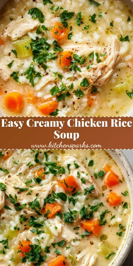 A close-up, top-down view of a rustic white bowl filled with creamy chicken and rice soup. The soup has a pale-golden broth with shredded chicken, rice, carrots, celery, and a garnish of fresh parsley.