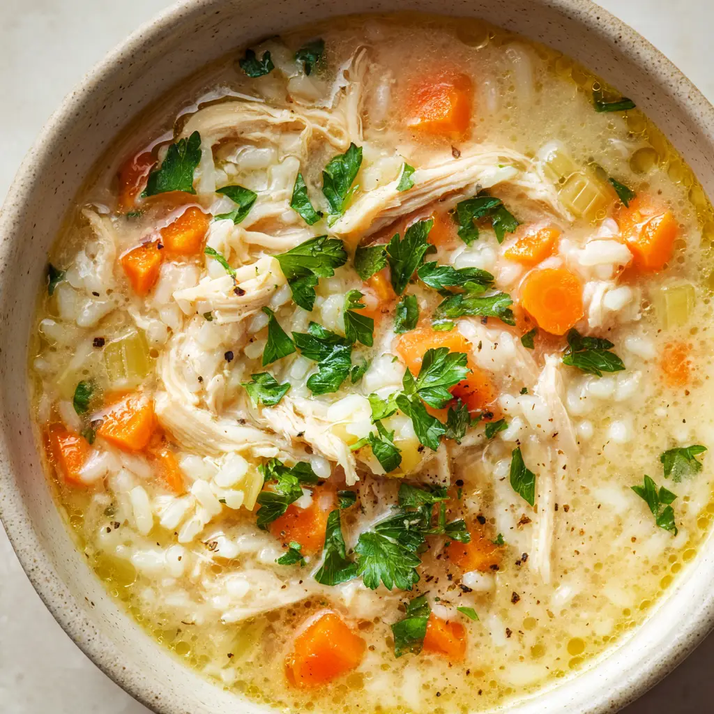 A slightly angled top-down photo of creamy chicken and rice soup in a speckled matte-white bowl, highlighting the golden fat droplets and fresh parsley on the surface.