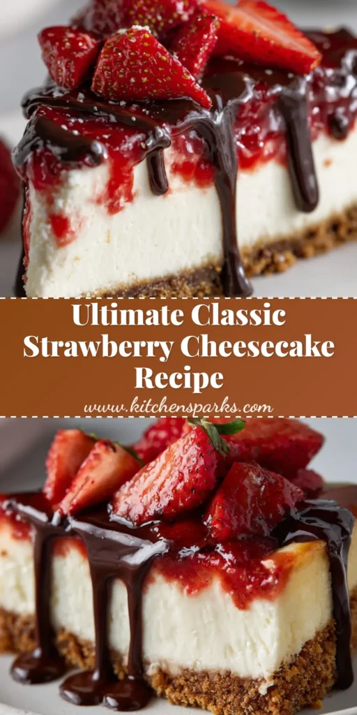 A thick slice of classic cheesecake on a white plate. It has a graham cracker crust, creamy filling, strawberry sauce, fresh strawberries, and a chocolate drizzle. (Classic Cheesecake Recipe)