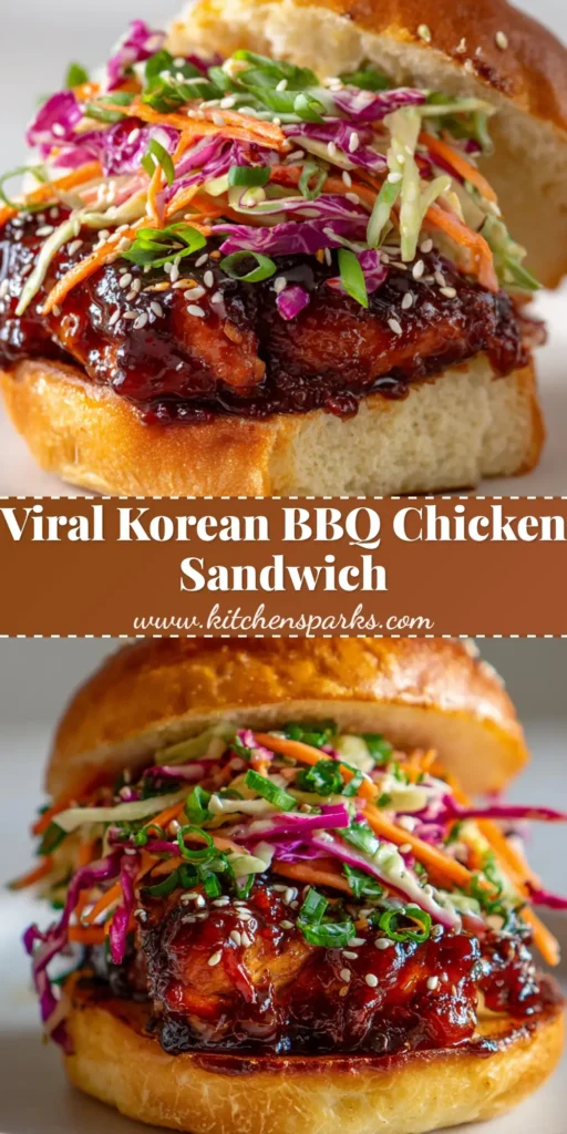 A close-up shot of a finished Korean BBQ Chicken Sandwich on a white plate, showcasing the glossy glazed chicken, colorful slaw, and toasted brioche bun.