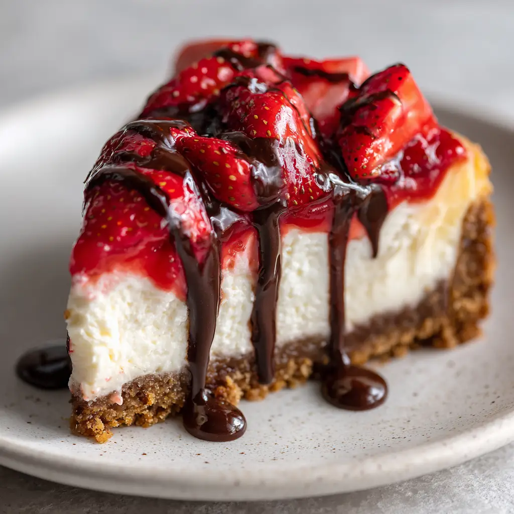 An overhead shot of a classic cheesecake slice, highlighting the glossy strawberry sauce, fresh halved strawberries, and intricate dark chocolate ganache drizzle.