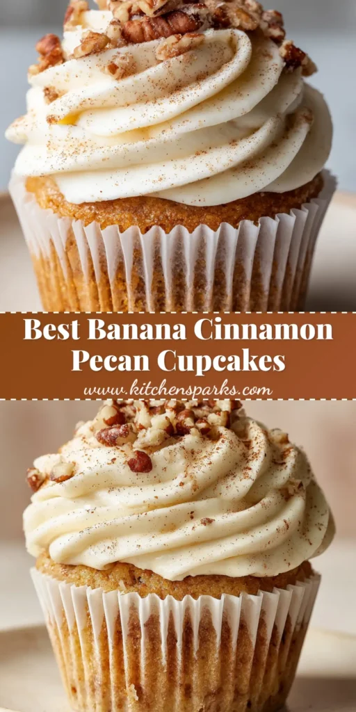 A close-up photo of a single Banana Cinnamon Pecan Cupcake. It has a tall swirl of cream cheese frosting, a dusting of cinnamon, and a topping of crunchy candied pecans.