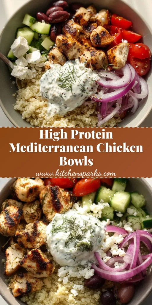 A close-up overhead photo of a High Protein Mediterranean Chicken Bowl in a shallow ceramic bowl. The bowl contains fluffy quinoa, charred grilled chicken, diced cucumbers, tomatoes, olives, red onion, feta, and a central dollop of tzatziki.