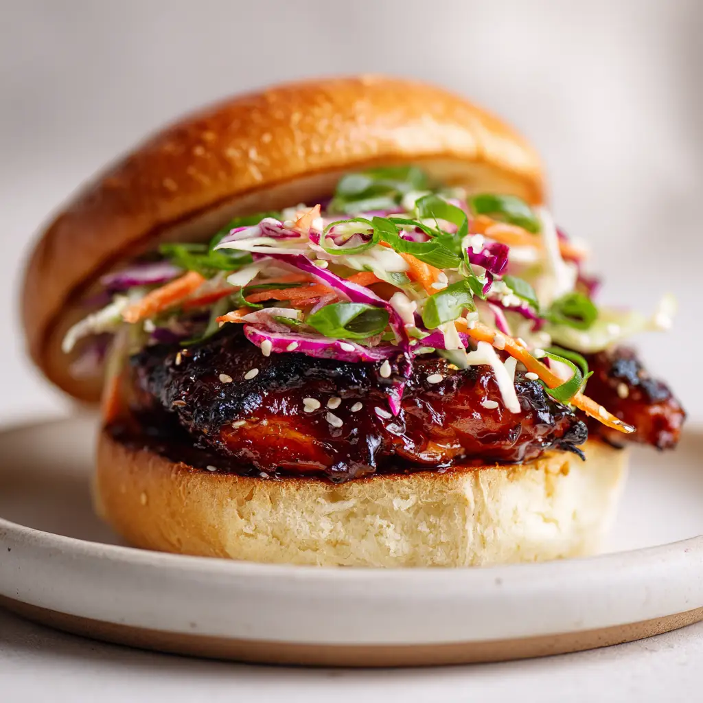 The interior layers of a Korean BBQ Chicken Sandwich, showing the grilled chicken, creamy slaw with purple cabbage and carrots, and toasted brioche bun.