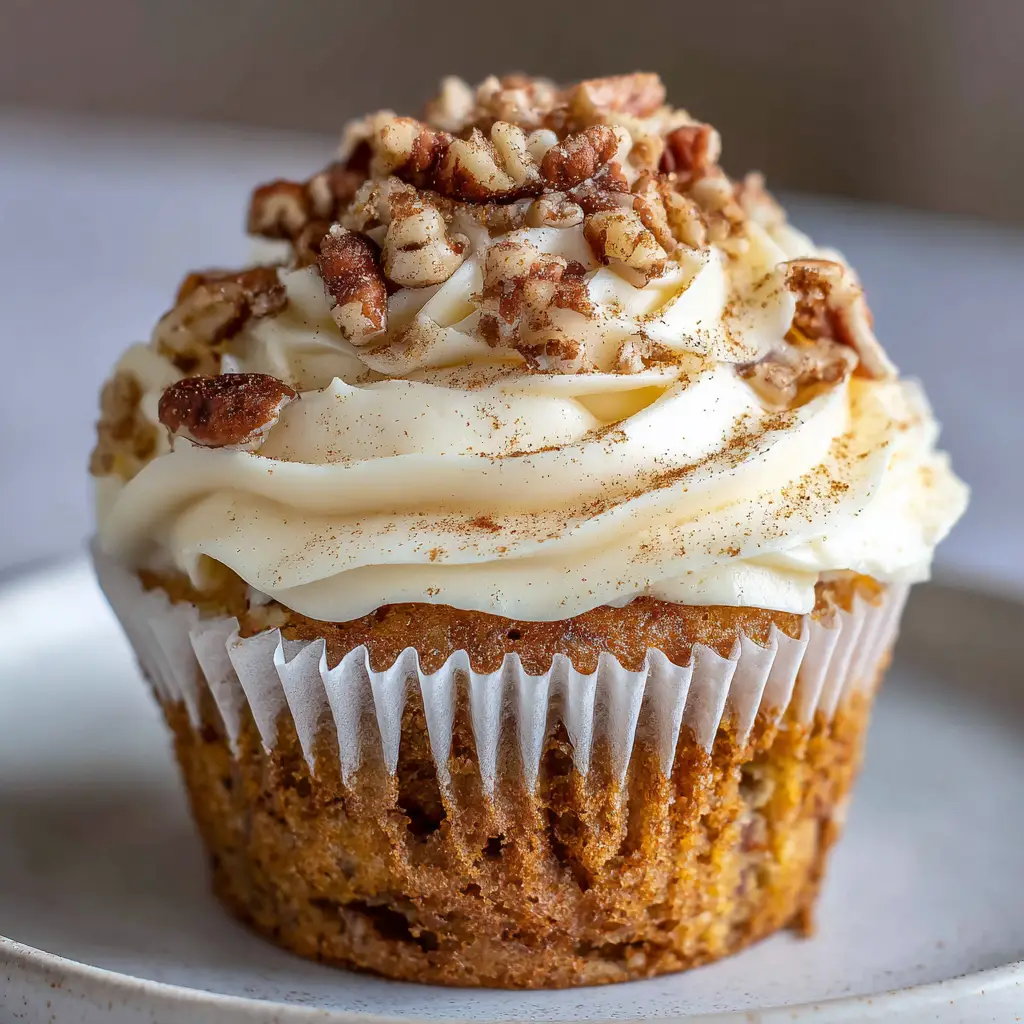 Assembling the Banana Cinnamon Pecan Cupcakes by sprinkling chopped, toasted candied pecans with a glossy sheen onto the piped frosting.