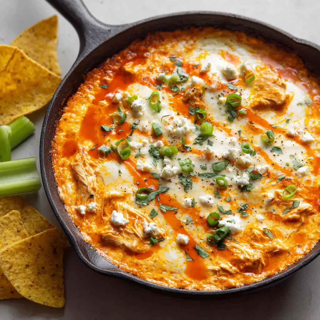 Melted, slightly browned and blistered mozzarella and cheddar cheese blanketing a hot cast-iron skillet of buffalo chicken dip.