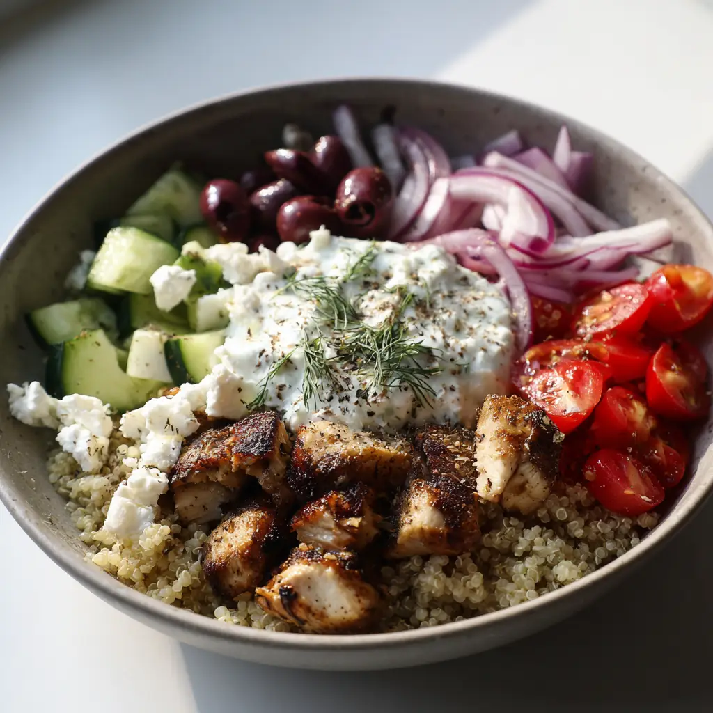 A close-up detail shot of the charred grill marks on the chicken breast chunks in the Mediterranean bowl.