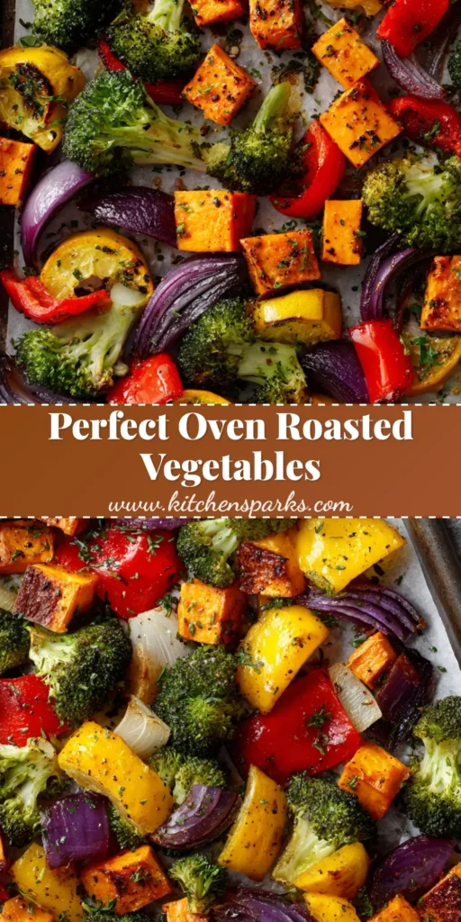A top-down view of perfectly charred oven roasted vegetables on white parchment paper. The colorful medley includes sweet potato, broccoli, red bell pepper, and onion.