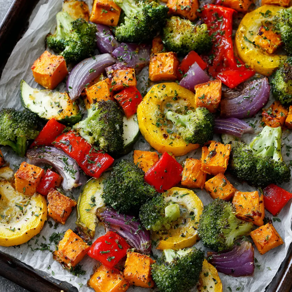 A detailed top-down view of oven roasted vegetables, highlighting the blistered skin on the red peppers and caramelized edges of the purple onion.