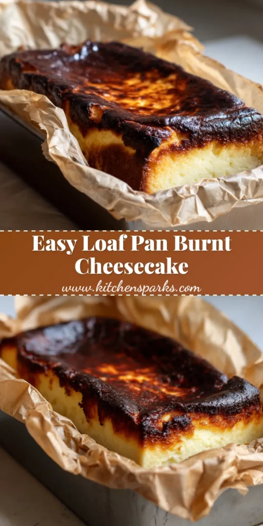 A perfect slice of loaf pan burnt cheesecake on a plate, showing the dark charred top and the dense, creamy pale yellow interior. (Loaf Pan Burnt Cheesecake)