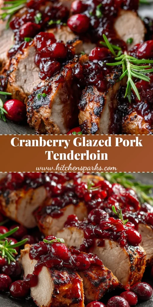 A close-up of sliced cranberry glazed pork tenderloin on a rustic platter. The pork has a dark seared crust and is covered in a thick, glossy red glaze with whole cranberries and a sprig of fresh rosemary.
