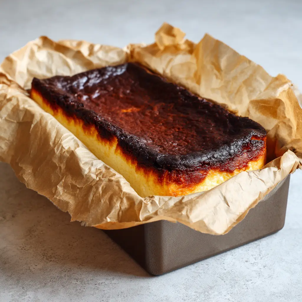 A full Loaf Pan Burnt Cheesecake resting in its metal loaf pan, with crinkled parchment paper and a deeply caramelized, almost blackened top crust.