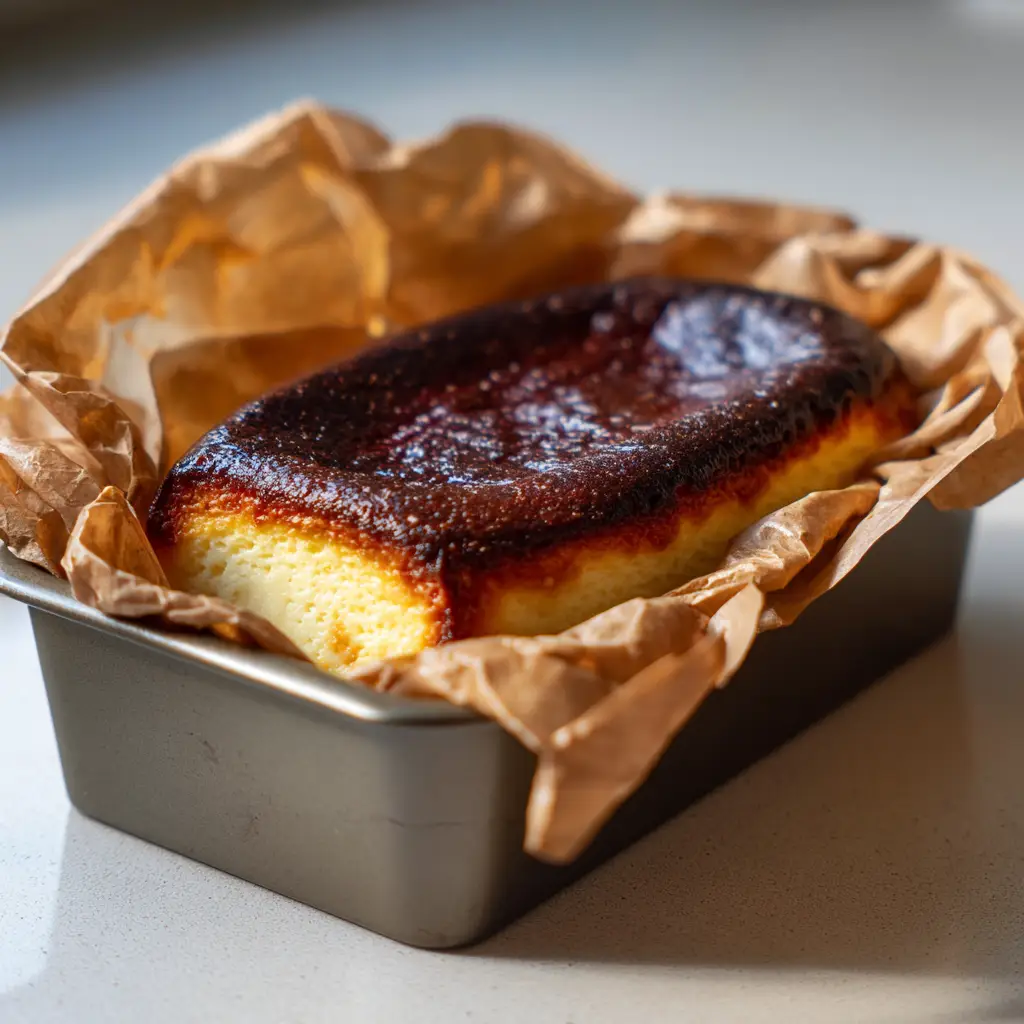A close-up side view of the loaf pan burnt cheesecake, highlighting the texture of the charred top and the smooth, pale yellow body.