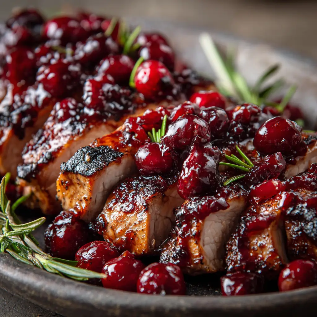 An overhead view of cranberry glazed pork tenderloin, showing the thick and juicy pork slices heavily coated in a sticky cranberry sauce with whole bursting cranberries.