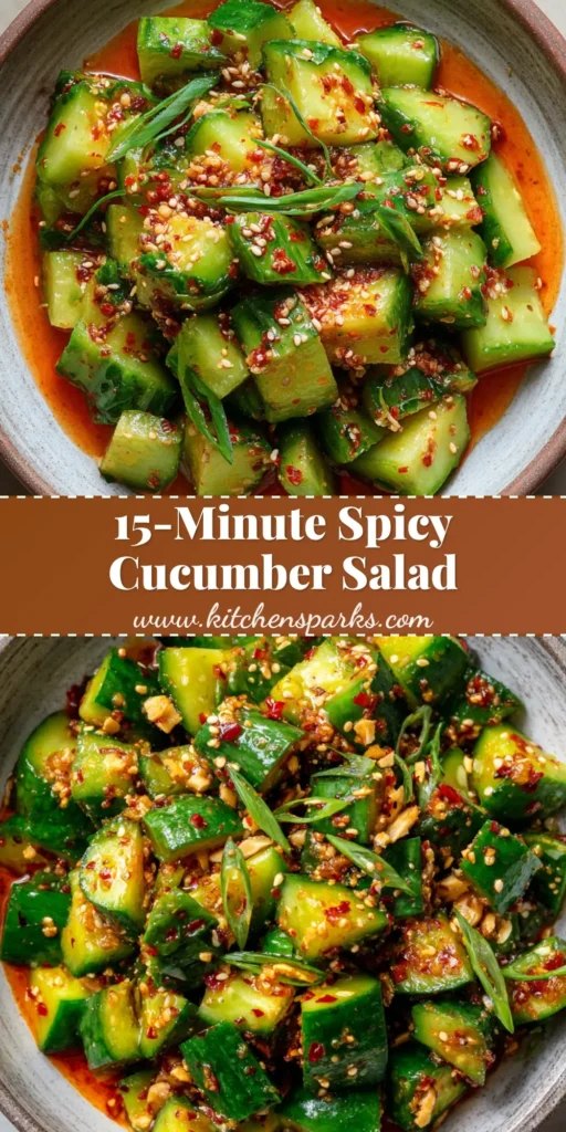 A close-up overhead shot of an Asian spicy cucumber salad in a rustic ceramic bowl, featuring bright green cucumber chunks coated in glossy reddish-orange chili oil with garlic, chili flakes, and sesame seeds.
