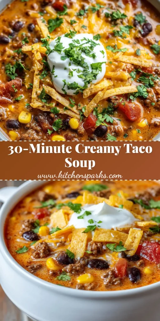 A close-up overhead shot of a bowl of Creamy Taco Soup, with rich orange-red broth, ground beef, corn, and black beans, topped with sour cream, cheddar, cilantro, and tortilla strips.