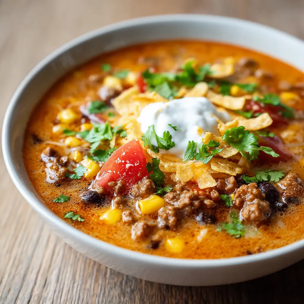 A white ceramic bowl of Creamy Taco Soup garnished with a dollop of sour cream, melted cheddar cheese, fresh cilantro, and crispy tortilla strips, on a rustic wooden table.