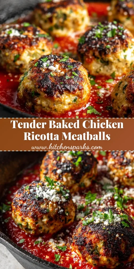 A close-up overhead shot of Baked Chicken Ricotta Meatballs nestled in marinara sauce in a black skillet, garnished with Parmesan and parsley.