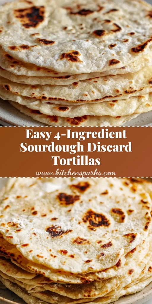 A stack of homemade sourdough discard tortillas on a white plate, showing their soft texture and charred blister spots.