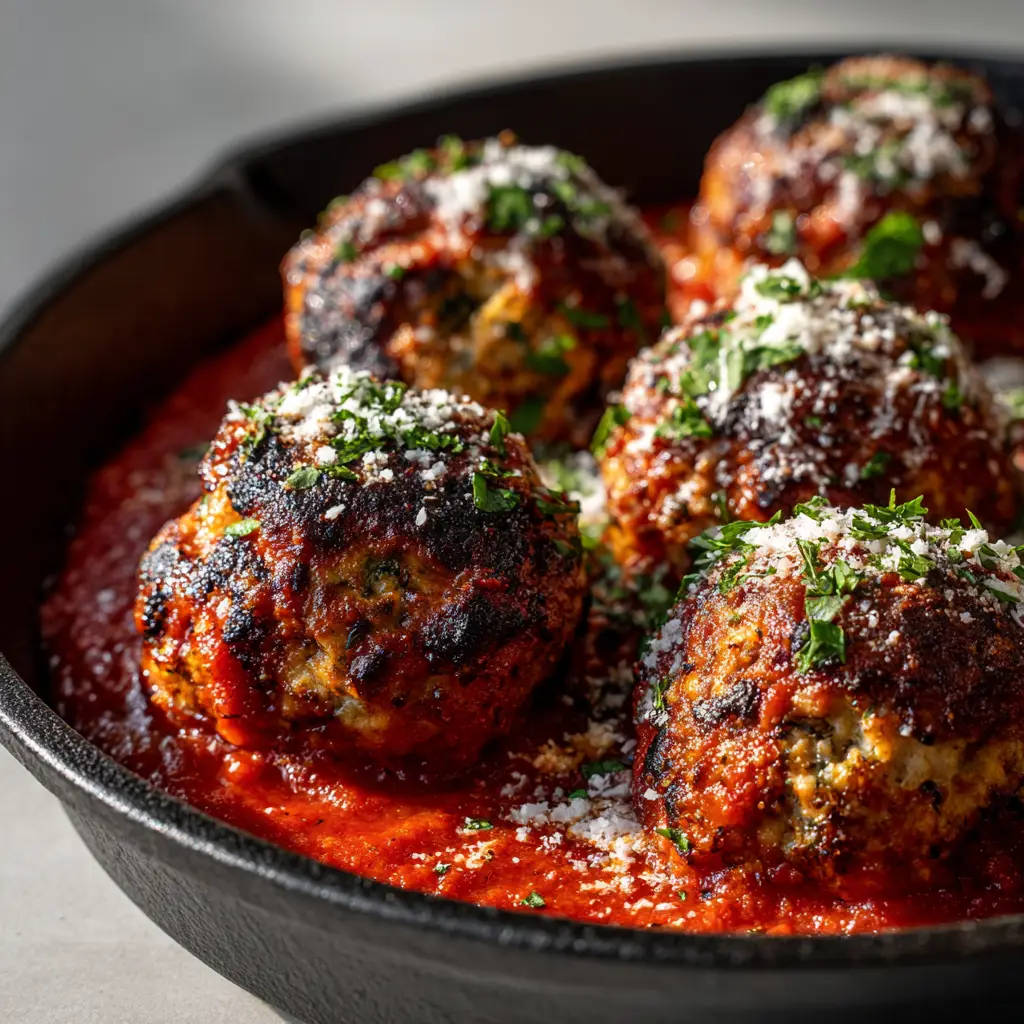 Side view of baked chicken ricotta meatballs in a cast-iron skillet, showing the thick marinara sauce and generous Parmesan topping.