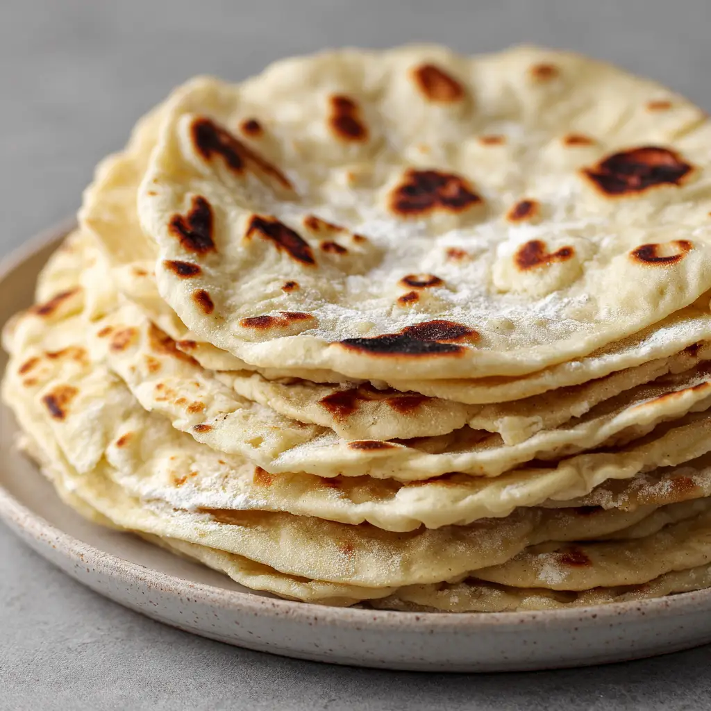 Top-down view of stacked sourdough discard tortillas, showcasing the beautiful golden-brown toast marks and blistered texture.