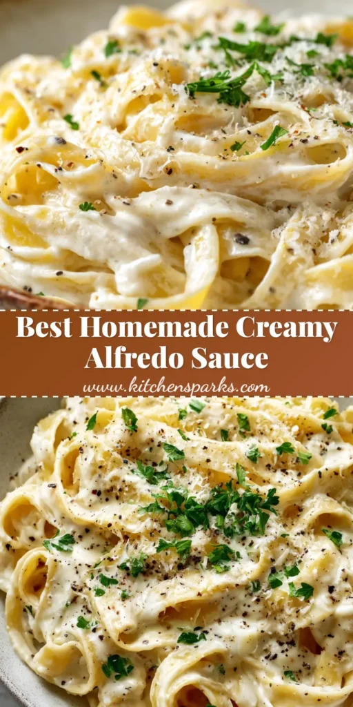 An overhead shot of a rustic bowl filled with fettuccine coated in creamy Homemade Alfredo Sauce, garnished with fresh parsley. (Homemade Alfredo Sauce)
