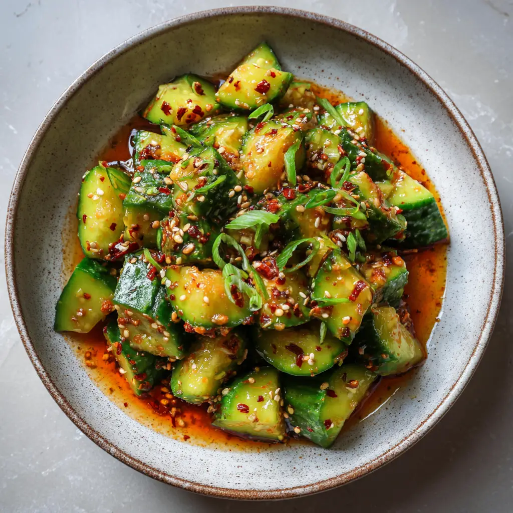 Ingredients for Spicy Cucumber Salad including Persian cucumbers, chili oil, fresh garlic, toasted sesame seeds, and green scallions.