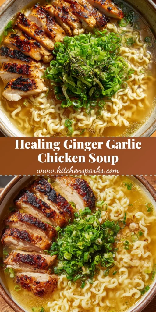 A rustic ceramic bowl of Ginger Garlic Chicken Noodle Soup, featuring pan-seared chicken, curly ramen noodles, and a translucent golden broth, garnished with fresh scallions.