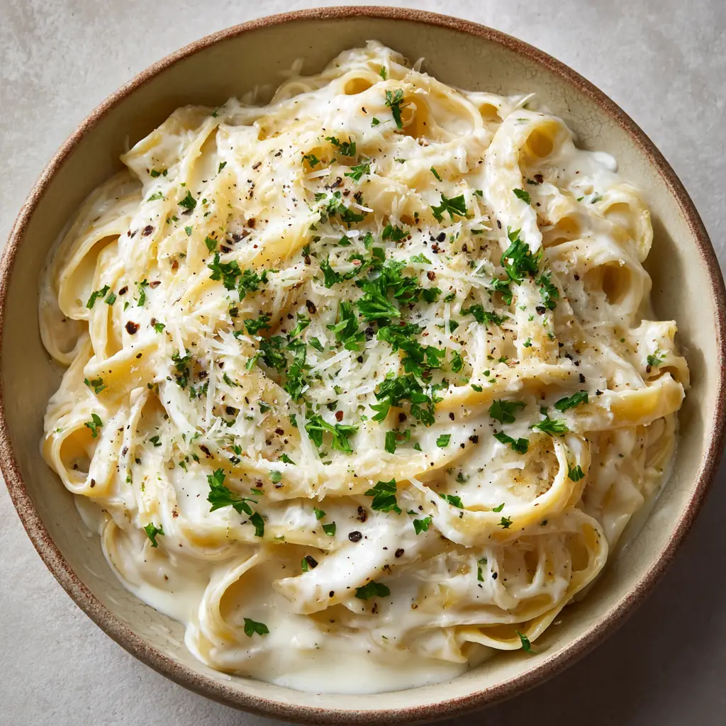 A detailed texture shot of Homemade Alfredo Sauce, showing specks of fresh black pepper and grated Parmesan melting into the hot pasta.