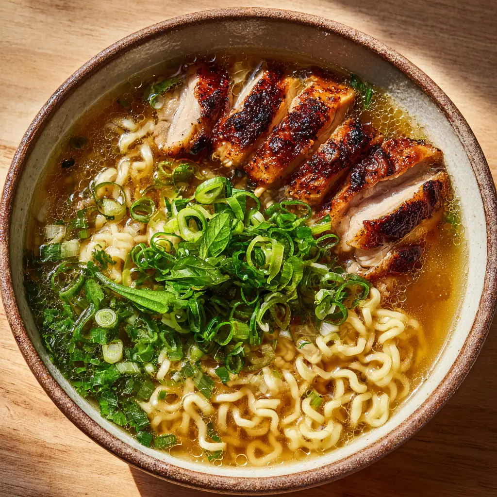 A close-up view of the Ginger Garlic Chicken Noodle Soup, highlighting the charred edges of the pan-seared chicken thighs and the fresh green scallion garnish.