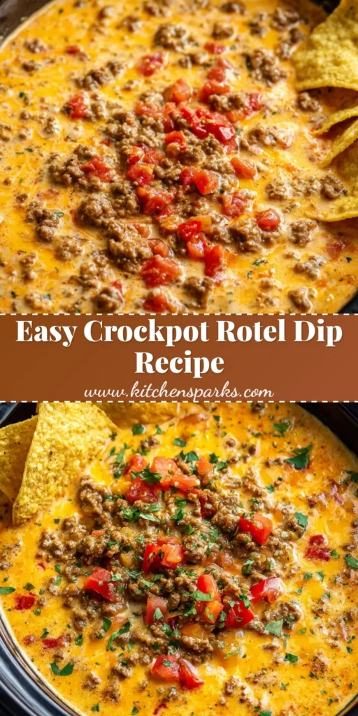 An overhead shot of a black crockpot full of thick, cheesy Crockpot Rotel Dip, with browned beef and tomatoes visible. A tortilla chip is dipped in.