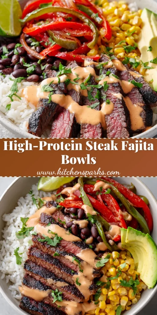 A close-up of a vibrant Steak Fajita Bowl in a white ceramic bowl. Features sliced medium-rare flank steak, blistered peppers and onions, black beans, roasted corn, avocado, and a creamy chipotle sauce.