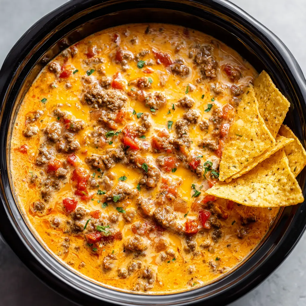 The ingredients for Crockpot Rotel Dip layered in a slow cooker before cooking, with cheese on the bottom and beef and tomatoes on top.