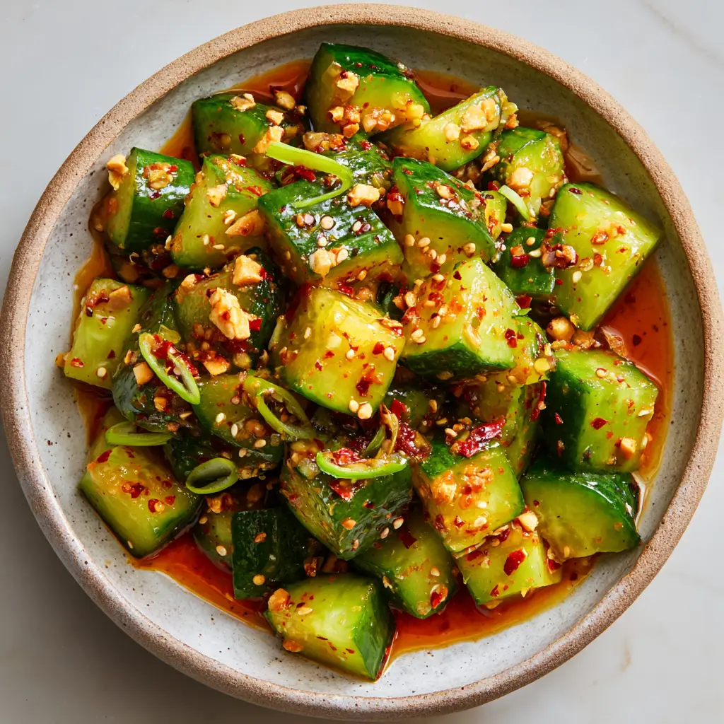 Roughly chopped Persian cucumbers heavily coated in a vibrant reddish-orange chili oil dressing with visible specks of crushed white garlic and red chili flakes.