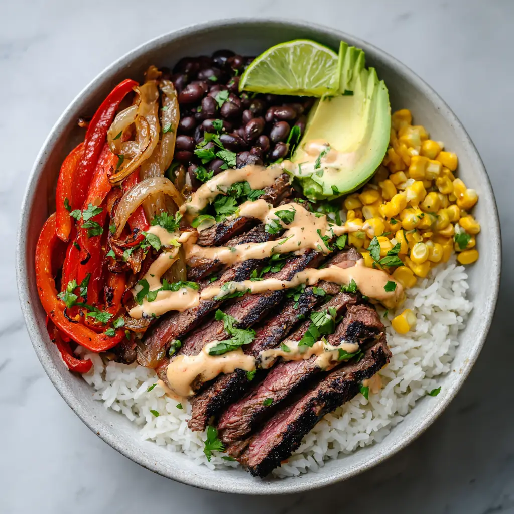 A side angle view of the Steak Fajita Bowl, highlighting the fluffy rice base and the generous toppings of steak, avocado, and vegetables.